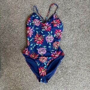 Indigo Rein Floral One Piece Swimsuit Criss Cross Back Navy Blue Red Purple